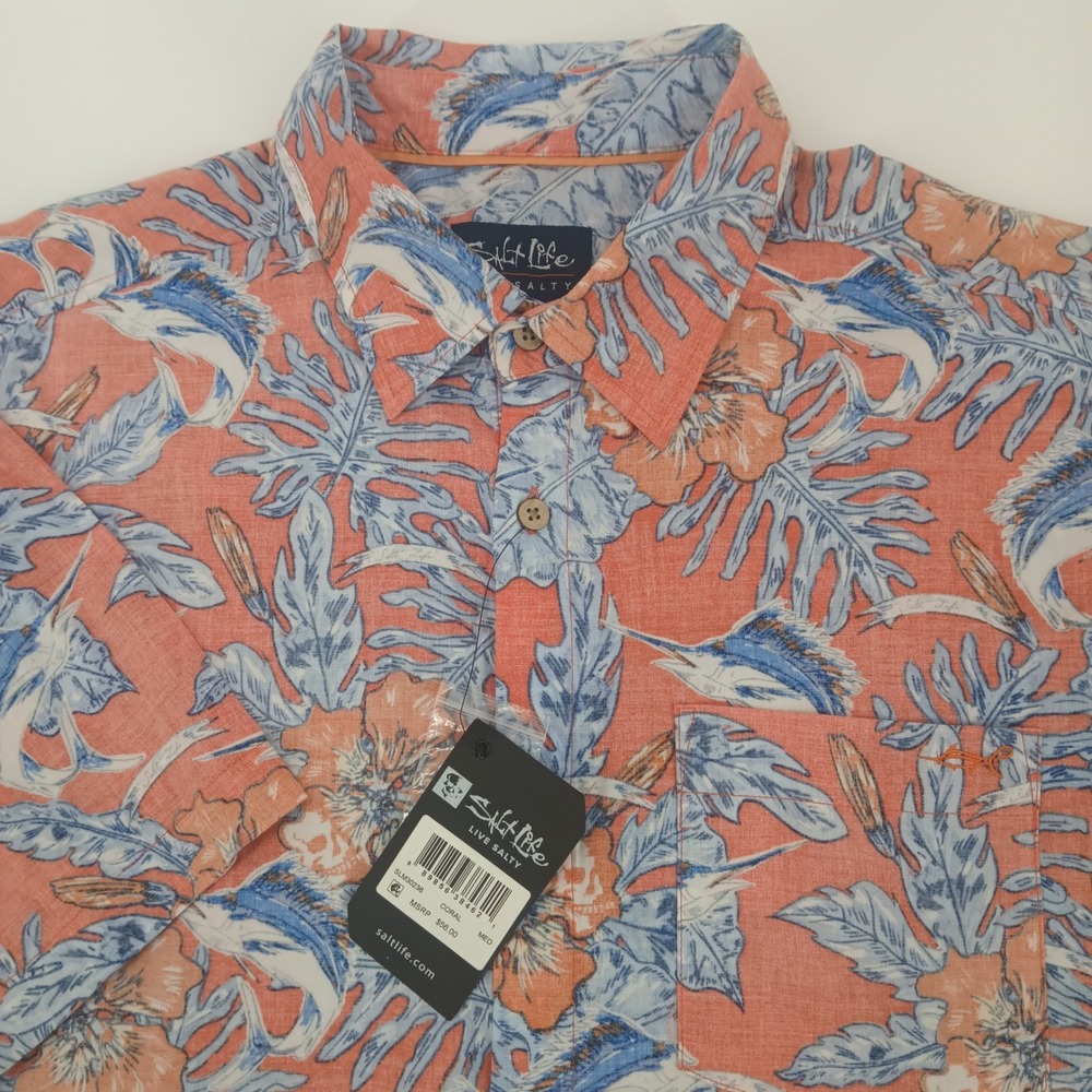 Salt Life Mens SLM30236 Short Sleeve Button Up Shirt Coral Tropical Marlin M